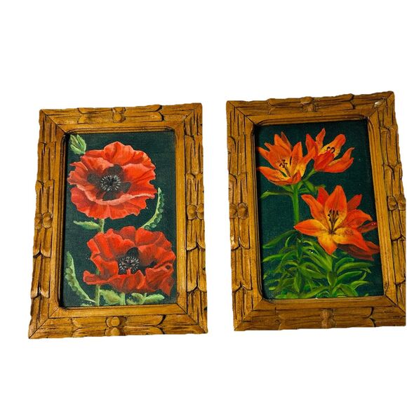 Vintage Floral Paintings Wood Carved Frames Set 2 Poppies Tiger Lilies 5.5X7.5"